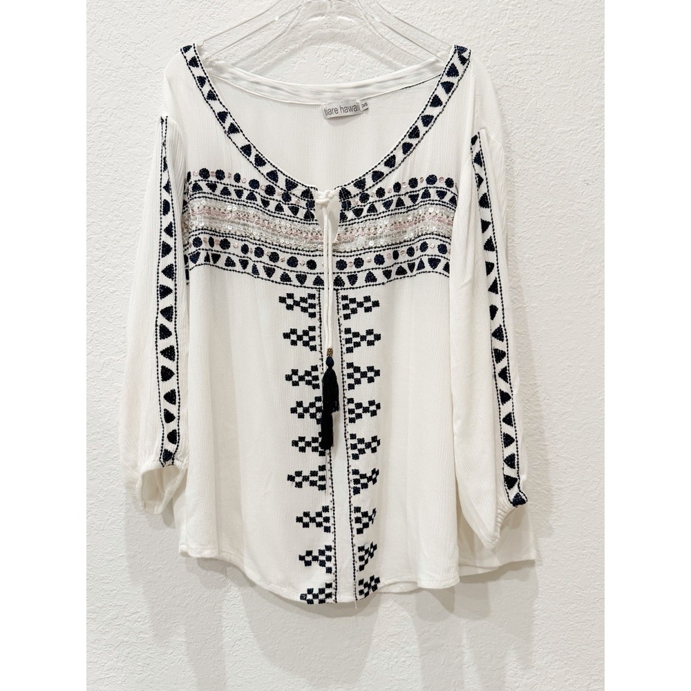 Tiare Hawaii Boho Embroidered Top OS White Blue Festival Peasant Coastal Cowgirl